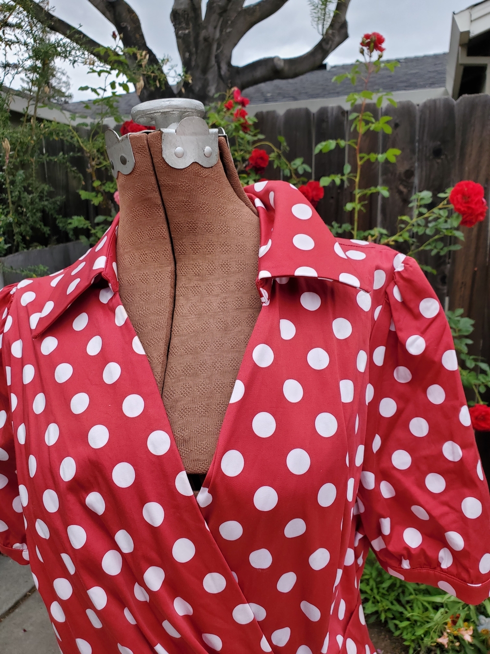 Kitten D'Amour Red Polka Dot Wrap Midi Dress with Short Puff Sleeves - Picture 3 of 7